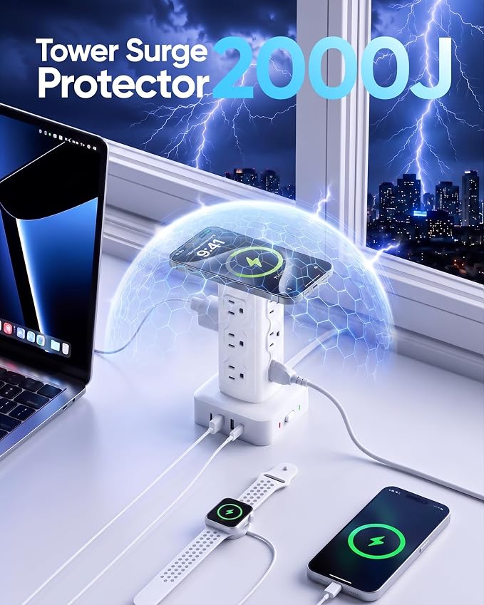 Power Strip Tower Surge Protector(2000J), PD65W Charging Station Tower with 12 AC Outlets & 8 USB Ports (4 USB C), 6FT Extension Cord for Home Office Dorm, White - Image 6