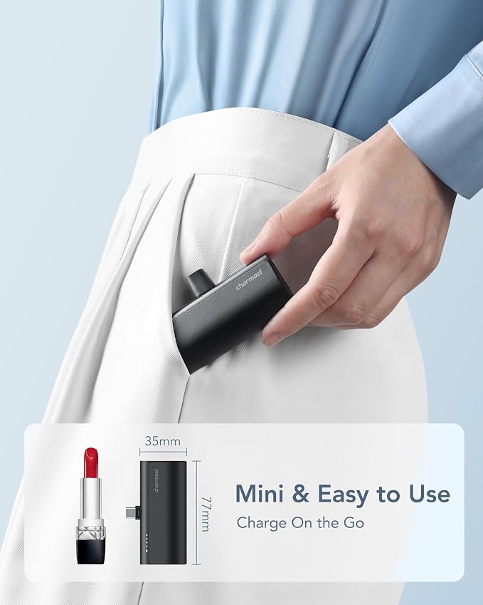 charmast Mini Portable Charger USB-C Connector, 5000mAh Small Power Bank | Lipstick-Size Battery Pack for iPhone 17/16/15 Samsung Android, Lightweight, Purse Ready, Direct Plug-in, 20W Fast Charging - Image 4