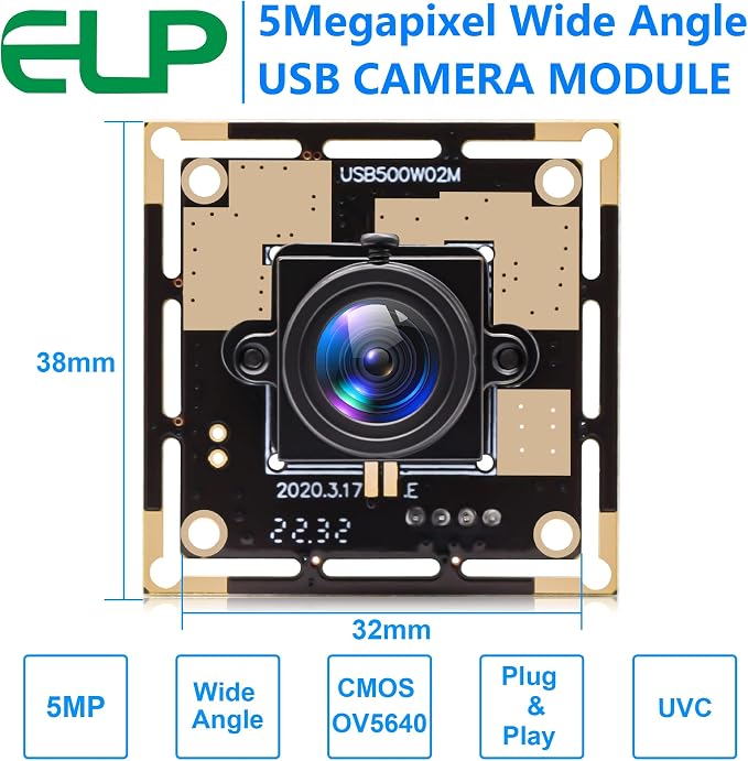 ELP 5mp USB Camera Module for Computer Industrial Machine Vision Webcam | 2.8mm Lens Wide Angle PC Camera for Windows Linux Android, Mac, UVC USB2.0 Lightburn Camera for Laptop, Computer, Jetson Nano - Image 2