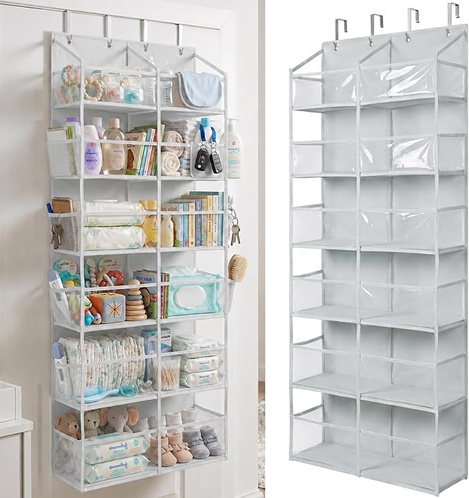 HOMELUX THEORY Over the Door Organizer, 6-Tier XL, 100D Fabric, Transparent | Extra wide over the door organizer, 65 lb capacity, 12 side mesh pockets, heavy-duty 100D fabric, bedroom & nursery storage by HomeluxTheory