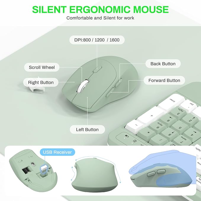 Wireless Keyboard and Mouse Combo,2.4G Ergonomic Wave Keys(Avocado Green-A) | Full Size Cordless Keyboard with Wrist Rest,3-Level DPI Ergonomic Mouse for Office and Home,Windows/Mac OS/Desktop/Laptop/PC - Image 6