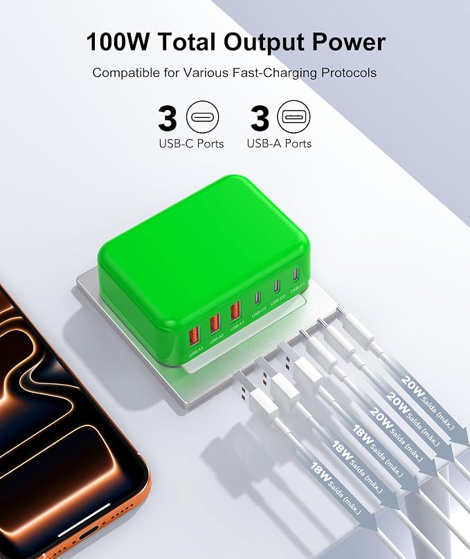 Fast Charger Block, GaN 6 Port USB C Charging Station Hub Cube, 100W Multiport Type C Wall Charger Power Strip Plug with PD 3.0+QC for iPhone 16 Pro Max 15 14 13 12 11 XR XS 8 7, Samsung, iPad, Table - Image 2