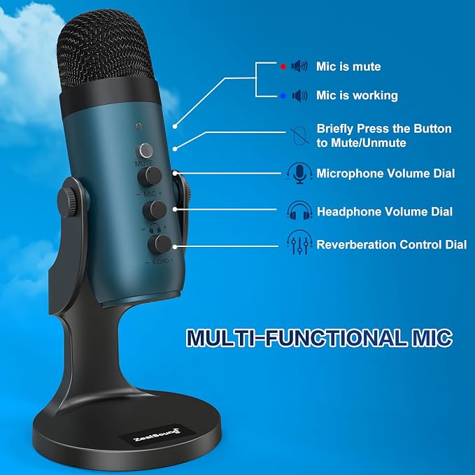 ZealSound Podcast Microphone for PC, Noise Cancellation USB Mic with Gain, Volume Adjustment & Mute Button, Monitoring & Echo, for YouTube, TikTok, Podcasting, Streaming, iPhone, iPad, Android(Teal) - Image 5