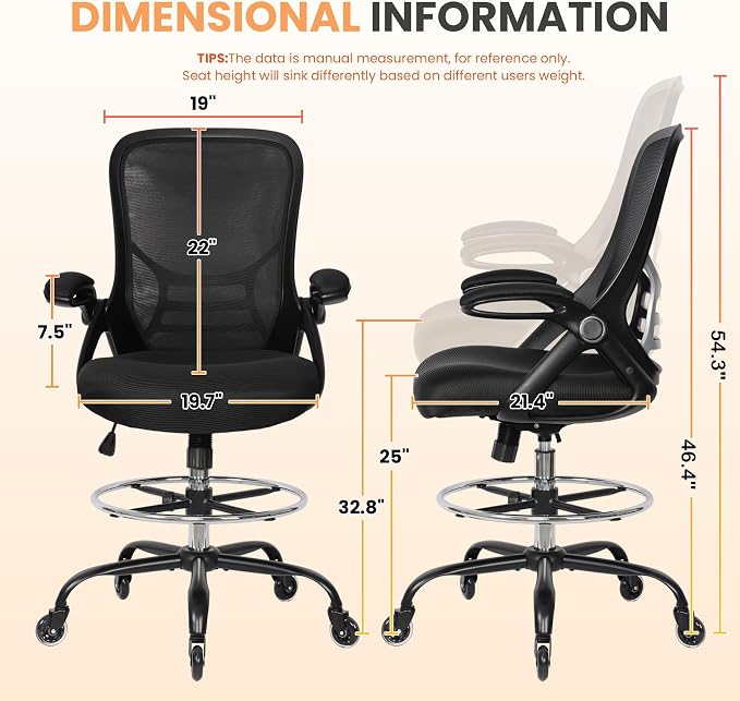 Drafting Chair Adjustable, Tall Office Chair Lumbar Support Ergonomic Standing Desk Chair Heavy Duty Tall Drafting Stool for Artists with Footrest Home Office Drafting Stool - Image 2