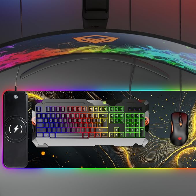 Wireless Charging RGB Gaming Mouse Pad, 31.5 x 11.8 Inch Extended Mouse Mat with Black & Gold Abstract Wave Design, LED Desk Pad with 7 Lighting Modes, Non-Slip Base for Gaming & Office - Image 9