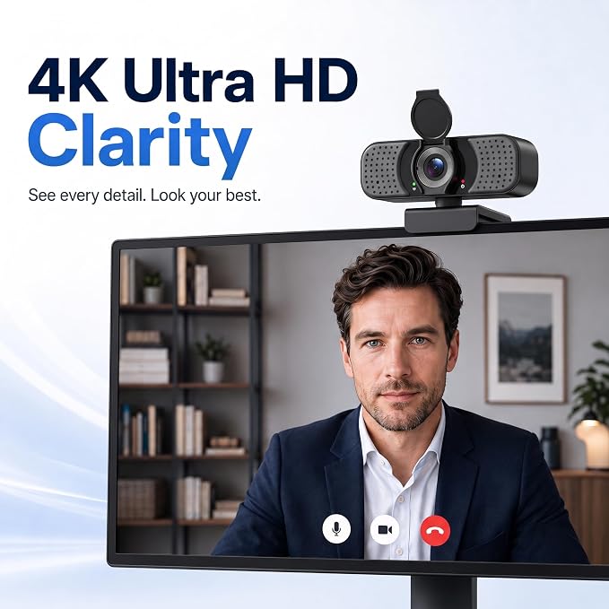 1080P Webcam with Microphone, USB Camera for PC and Laptop, Privacy Cover | For meetings, remote work, classes, streaming, and video calls; includes 105° wide view, privacy cover, and mini tripod - Image 2