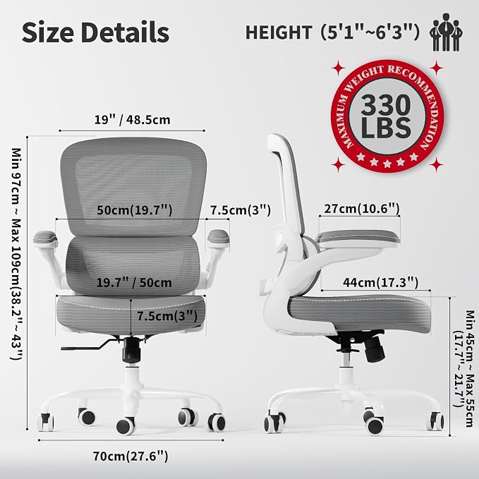 TRALT Ergonomic Office Chair Desk Chair with Adjustable Lumbar Support | Desk Chair Comfy with Flip-up Armrests Ergonomic Chair - Mesh Computer Chairs for Adults, 330lbs, PU Leather (Grey, 1) - Image 2