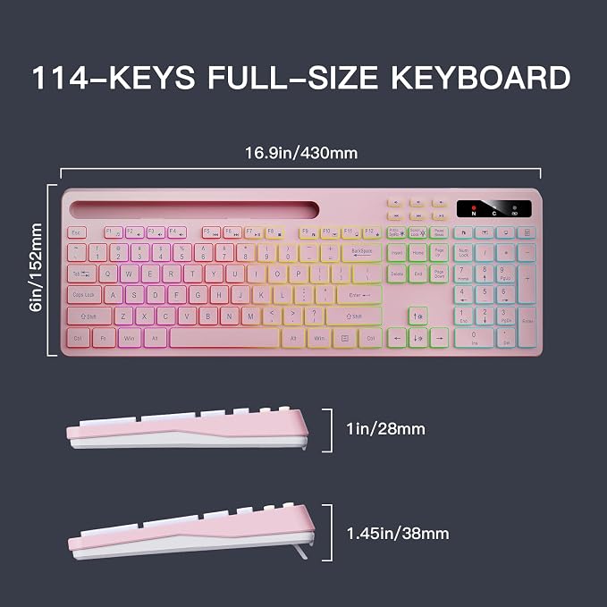 Soueto Wireless Keyboard with 7-Color RGB Backlit, Full-Size Computer Keyboard with Phone Tablet Holder, 2.4G Rechargeable Gaming Keyboard with Light Up Keys, Compatible with Mac, Windows (Pink) - Image 8