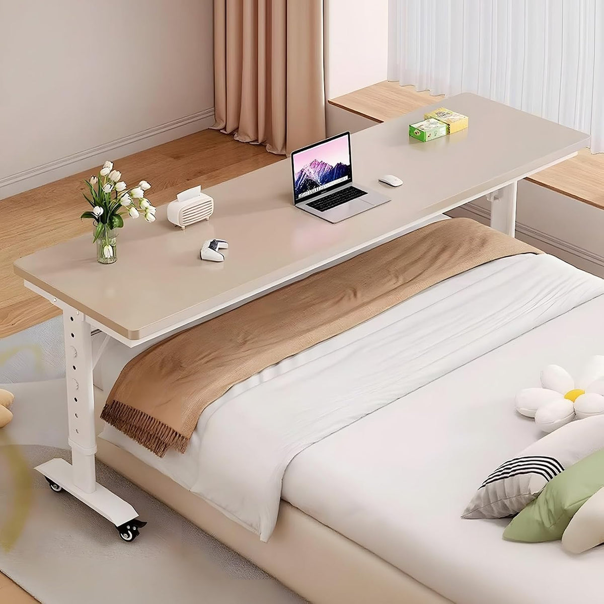 70.8" Overbed Table with Wheels for Full Beds, Height Adjustable by Quvex