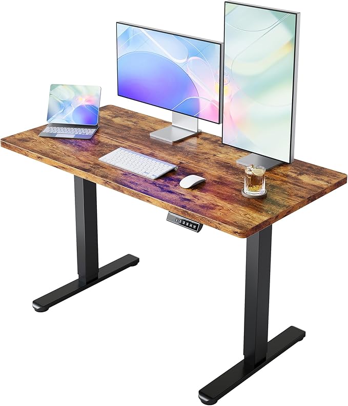 HUANUO 48x24 Inch Electric Standing Desk, Height Adjustable, Rustic Brown | 176 Lbs Capacity, Smooth Home Office Desk, 4 Memory Presets & Headphone Hooks, 28.3–46.5 Inch Height Range, Easy to assemble by HUANUO