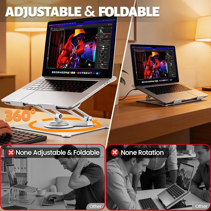 360° Rotating Laptop Stand for Desk, 10-15.6“ Laptop Riser, Silver | Sturdy Aluminum Foldable Stand, Heat-Dissipation Design, Ergonomic Holder Fits MacBook/Dell/HP/Lenovo for Home/Office. - Image 2