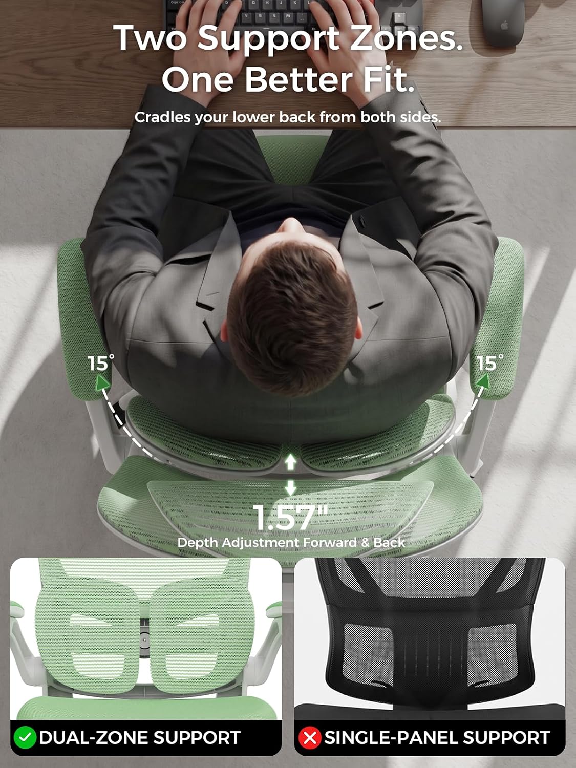 Ergonomic Office Desk Chair, Adjustable Dual Lumbar Support & Thick Seat - Image 3