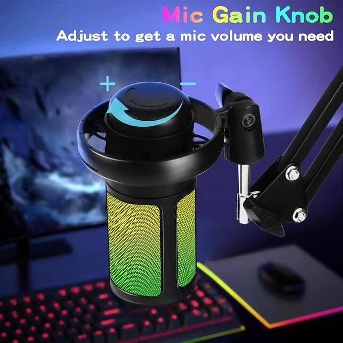 KingSom Gaming USB Microphone,Noise-Canceling Condenser Mic with Boom Arm | Podcast Microphones RGB Computer Mic,Streaming Microphone with Pop Filter, Mute Button,Gain for Recording,Discord,YouTube - Image 4