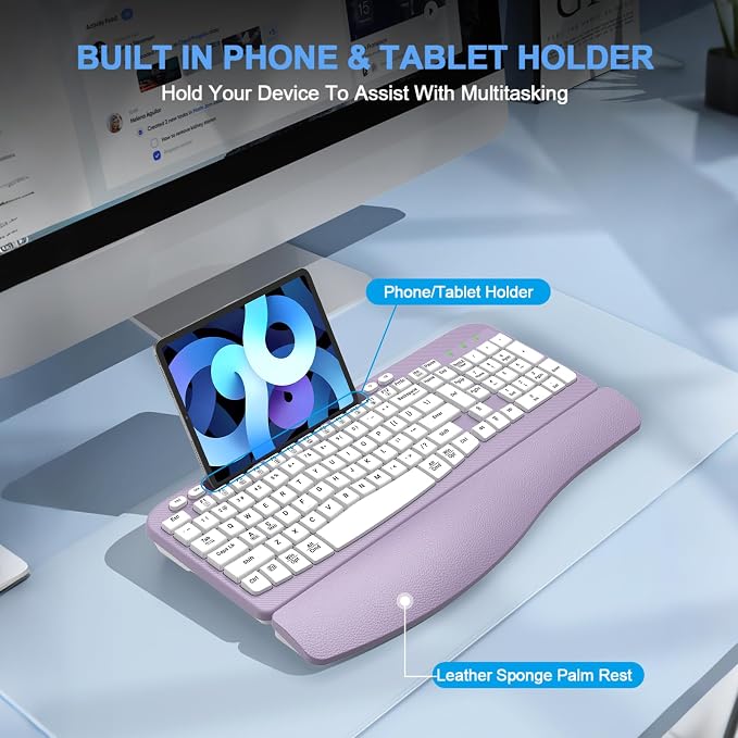 EAYBLLY 2.4G Wireless Ergonomic Keyboard, Full Size Wave Keys with Memory Foam Wrist Rest & 7.28in Phone Holder, USB-C Adapter Included for Windows Mac Chrome OS, Office or Home (Purple) - Image 4
