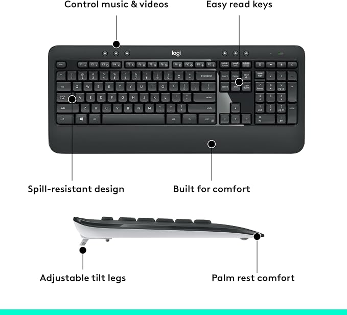 Logitech MK540 Full Size Advanced Wireless Keyboard and Mouse Combo | Full size quiet keyboard with number pad & integrated palm rest, full size ambidextrous mouse, includes USB-A Nano Receiver - Image 7