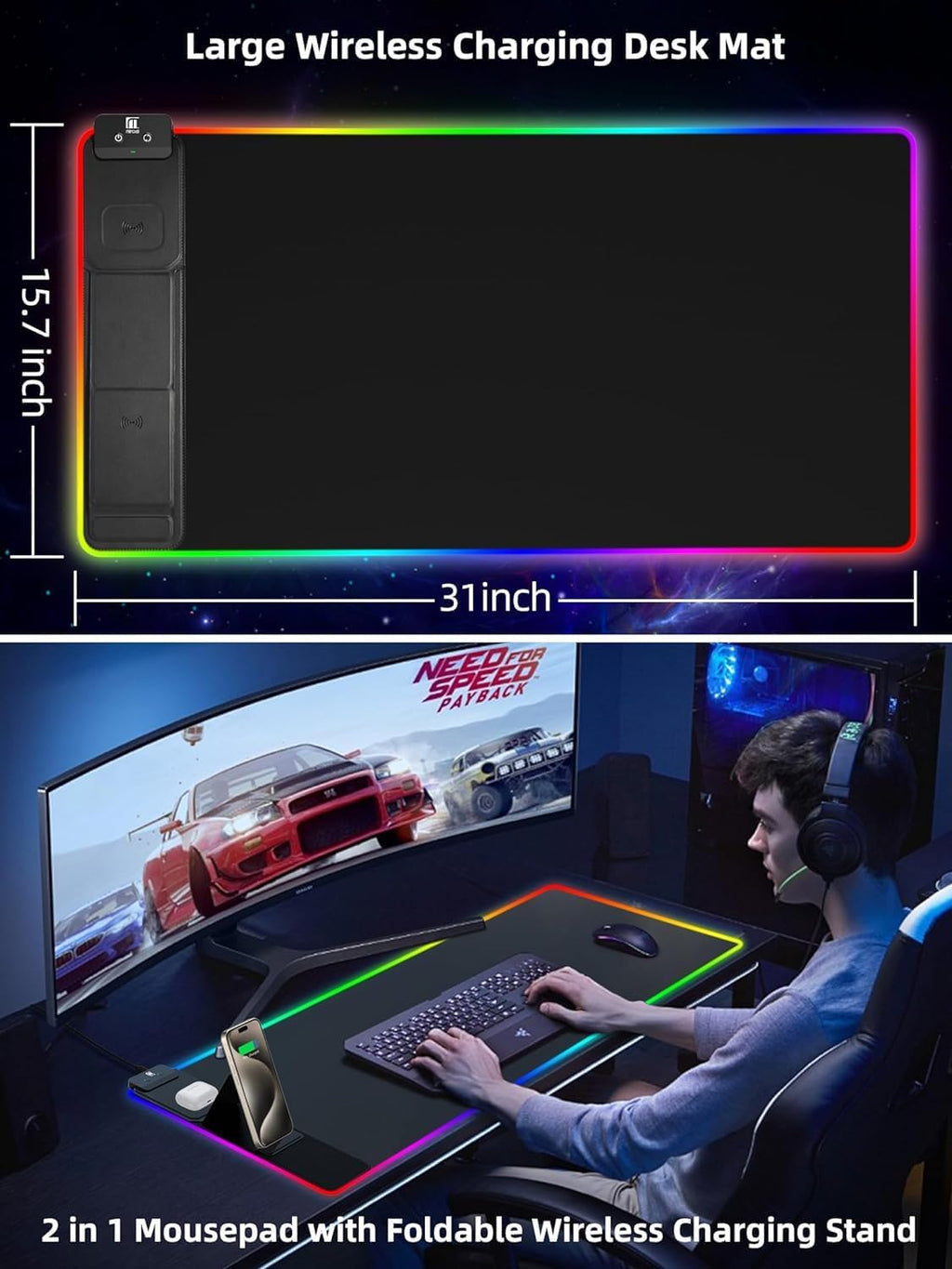 XXL Mouse Pad with Phone Holder - Black, RGB Desk Mat with 15W Fast Charging, LED Gaming Mousepad with 11 Light Colors, Waterproof Non-Slip Pad for Office & Home - Image 5