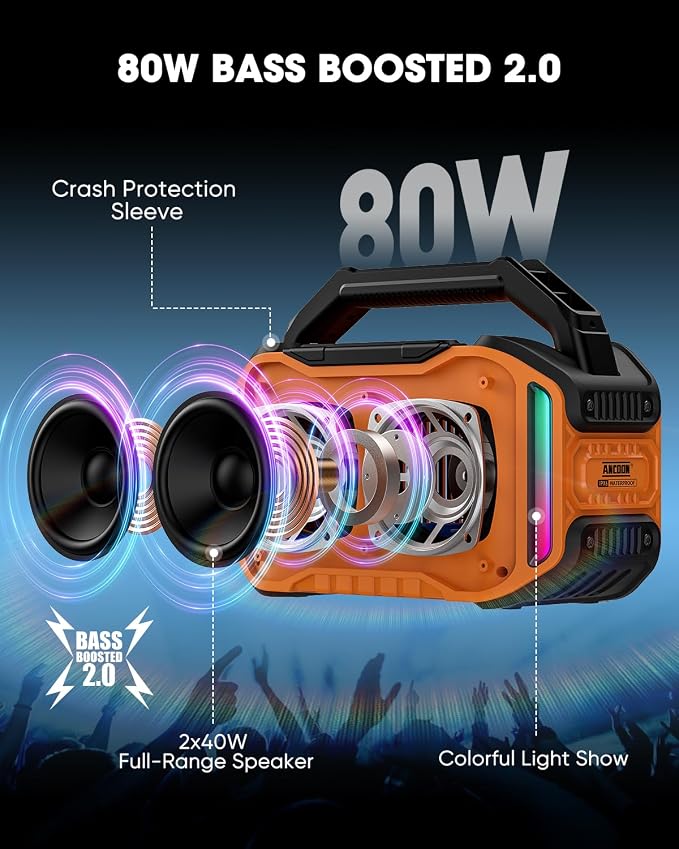 ANCOON Speakers Bluetooth Wireless: 80W(Peak) Loud Speaker with Bass, 20H Playtime, IPX6 Waterproof, Large Jobsite Speakers for Work, Outdoor, Workshop, Garage, Portable Speaker with TWS (Orange) - Image 2