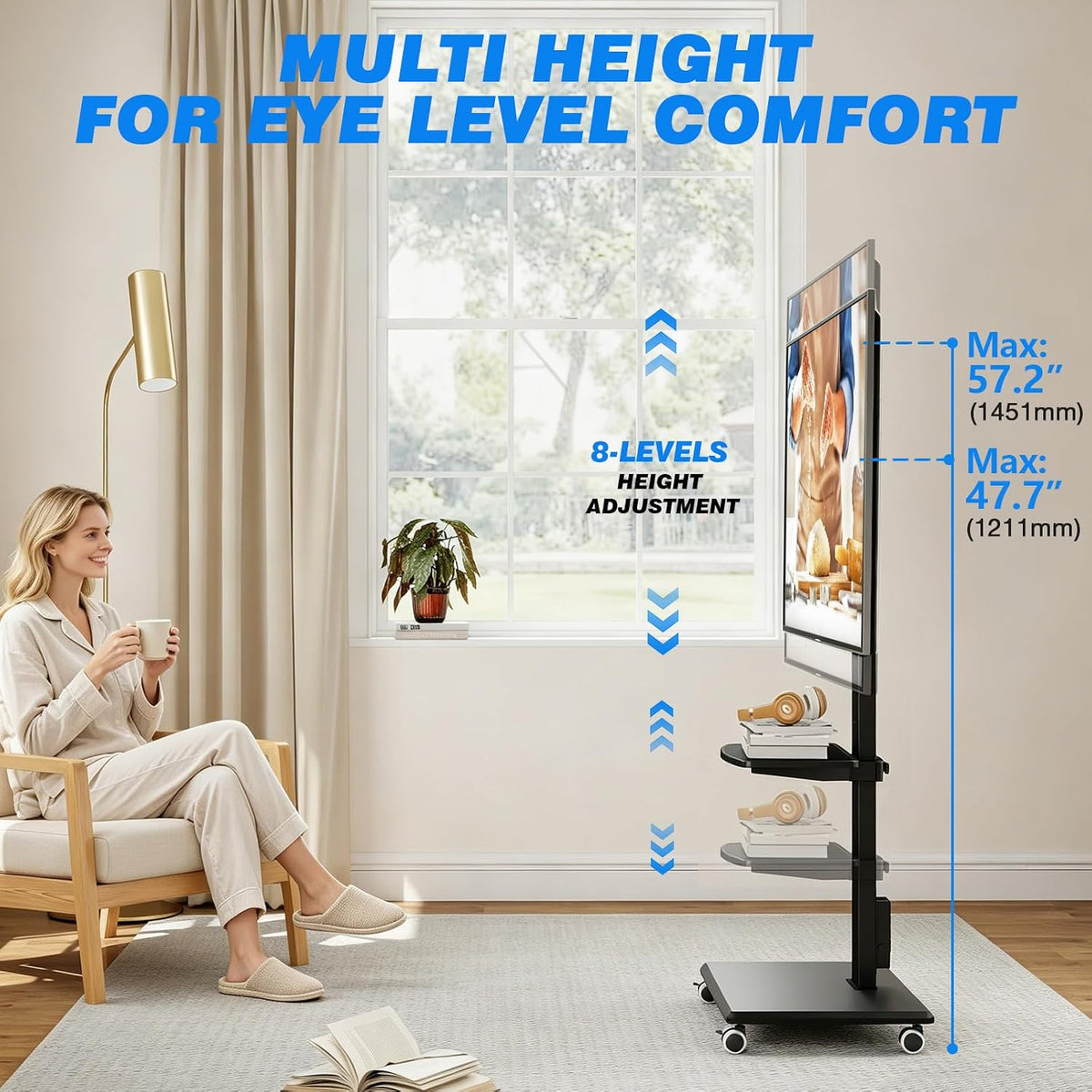 Rfiver Rolling TV Stand 32-75 Inch with Power Outlet and Shelf, Black - Image 4