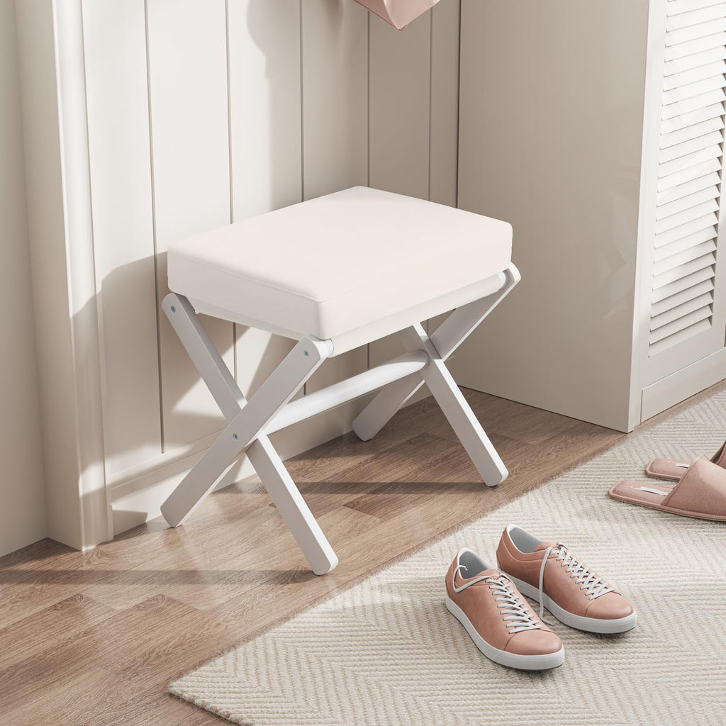 Foldable Foot Stool Ottoman, Modern Foot Rest with Bamboo X Legs & Thick Foam Cushion, Folding Foot Stools Small Padded for Bedroom Living Room, Footstool for Chair Couch (White - White) - Image 6
