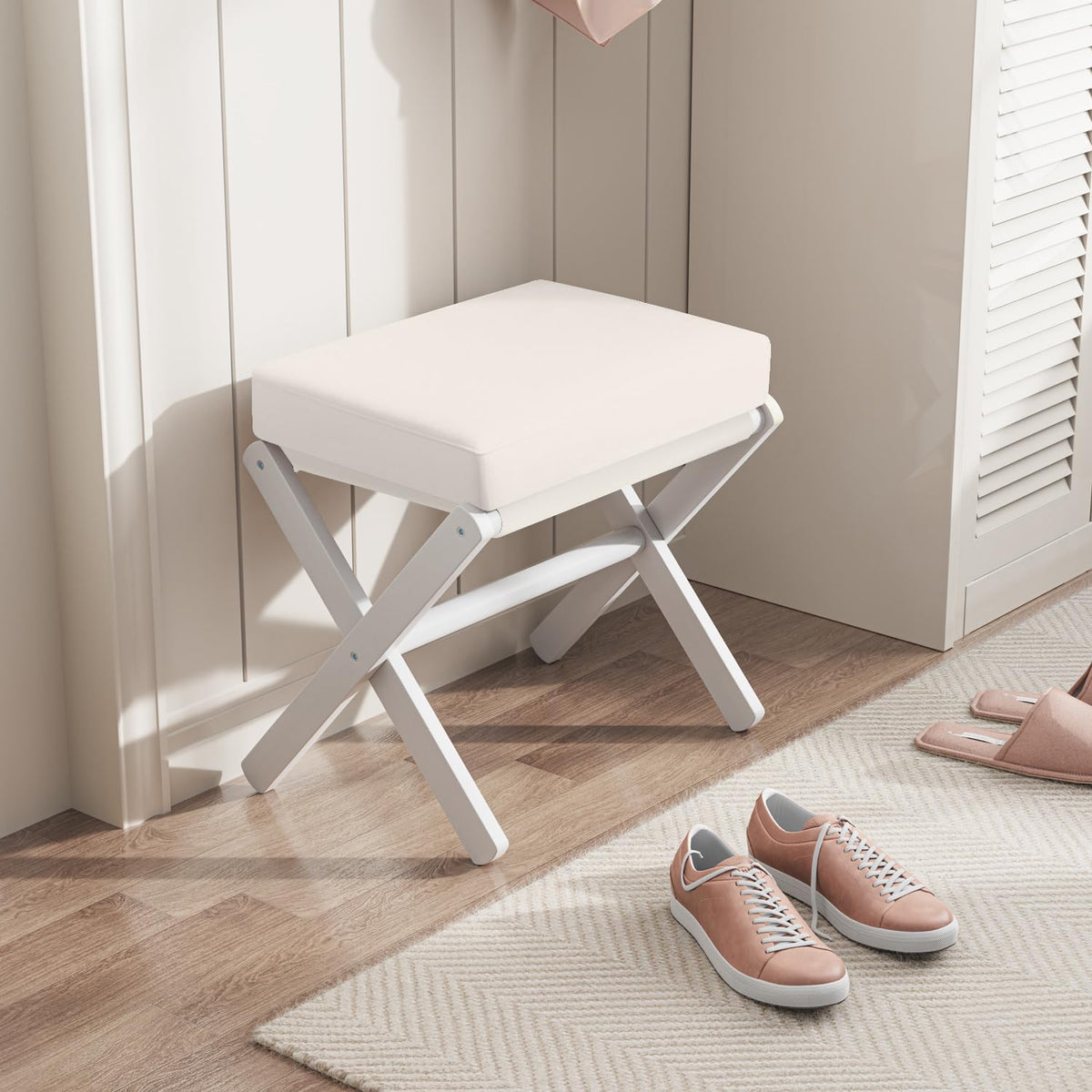 Foldable Foot Stool Ottoman, Modern Foot Rest with Bamboo X Legs & Thick Foam Cushion, Folding Foot Stools Small Padded for Bedroom Living Room, Footstool for Chair Couch (White - White) - Image 6