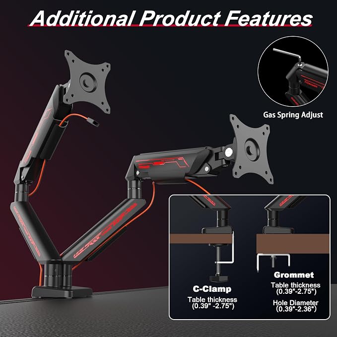 Fydeamer Dual Monitor Arm for 17-35" Screens up to 24.2 lbs, Ergonomic Gas Spring Monitor Stand with Height Adjust, Tilt, Swivel & Cable Management, VESA Desk Mount with 2 Types of Installation, Black - Image 5
