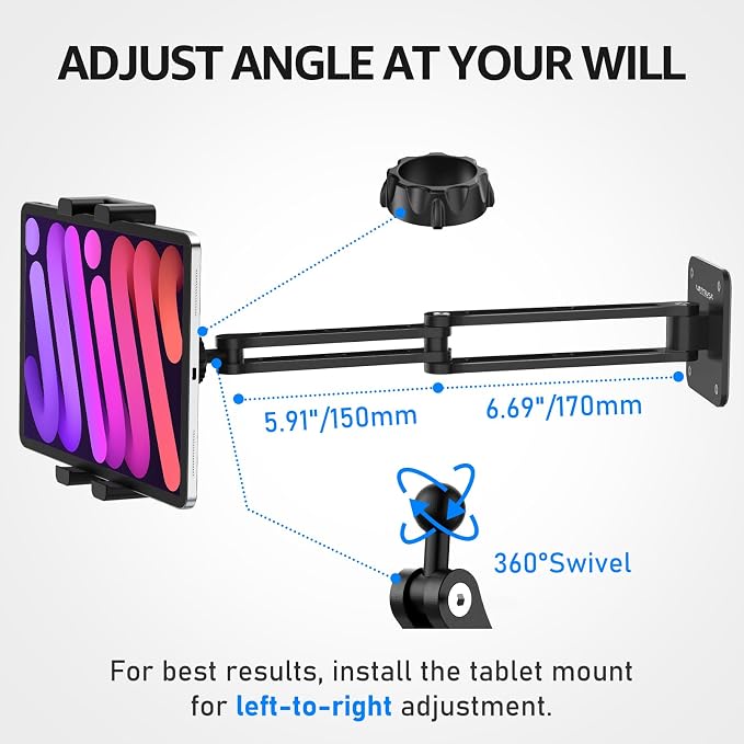Tablet Wall Mount Holder for iPad, 4.7-15.6" | 360° Rotation Adjustable, Aluminum Extendable Arm, iPad mini/Air/Pro/Galaxy Tab/Kindle, Kitchen Home Office - Image 2