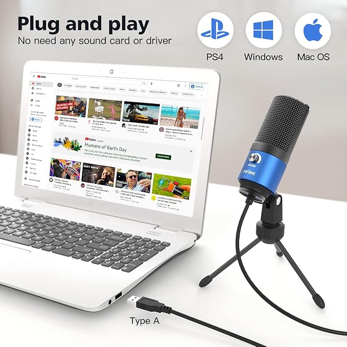 FIFINE K669 Blue USB Computer Microphone for Recording Voice Over | Condenser Mic with Gain Knob, Compatible with Mac&PC, Home Studio, Plug and Play - Image 6