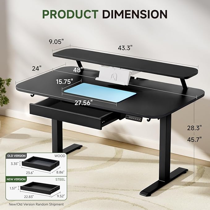 GTPLAYER Electric Standing Desk with Drawers, 48 x 24 Inches Height Adjustable Computer Desk with Monitor Stand, Laptop Stand, Sit Stand up Desk with Memory Preset for Home, Office, Black - Image 2