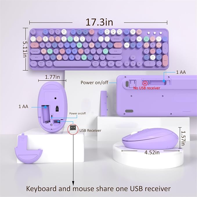 Links9+ Colorful Wireless Keyboard and Mouse Combo (Purple Colorful) | Full-Size Retro Typewriter Style Keyboard with Vintage Round Keycaps, 2.4G Wireless Set for Windows, Mac, Laptop, PC, Tablet - Image 4