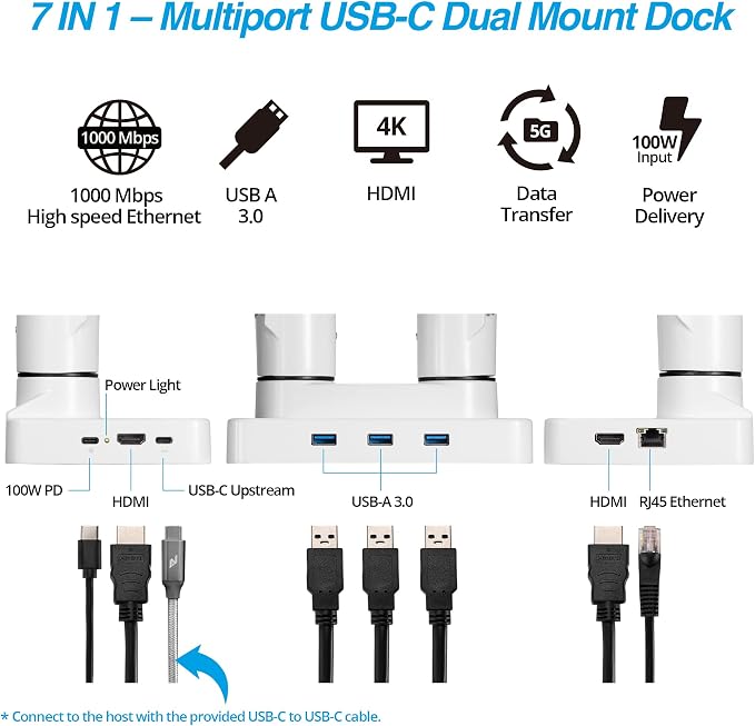 Dual Monitor Arm Desk Mount with 15" Laptop Tray USB-C&A Docking Station | AVLT 17”-43" HDMI 4K60Hz, Ethernet, 100W PD, Fits Two Flat/Curved Monitor - White - Image 3