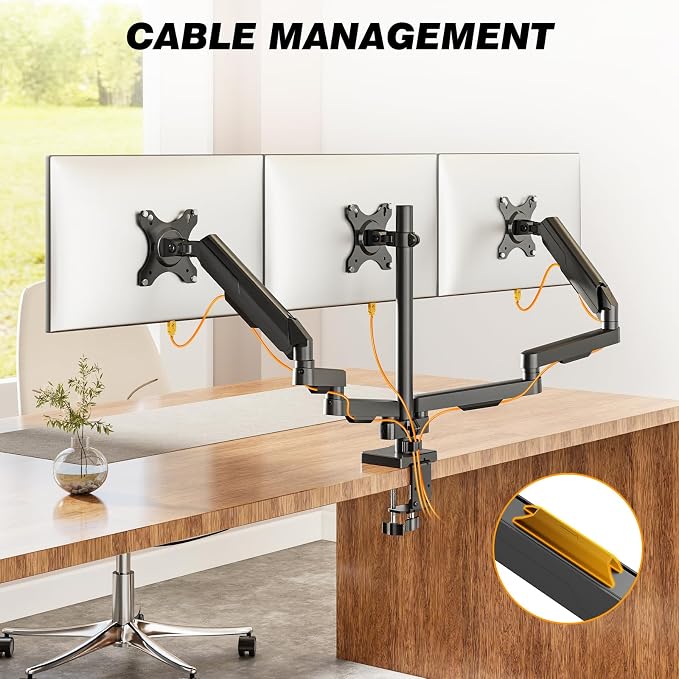 Triple Monitor Stand & Monitor Arm Desk Mount up to 32 Inches | Fully Adjustable Heavy Duty Monitor Mount for 3 Screens, Ergonomic VESA Mount with C-Clamp/Grommet Base, Cable Management - Image 5