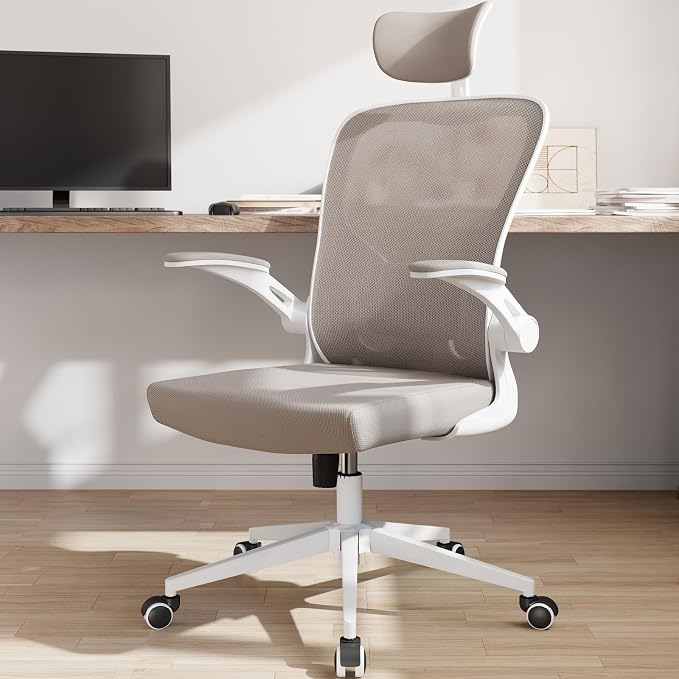 Office Chair Ergonomic Desk Chair with Lumbar Support&Headrest&Flip-up Arms Height Adjustable Rocking Swivel High Computer Chair Multi-Angle from 90° to 125° with 350LBS Capacity(White+Khaki-2) - Image 9