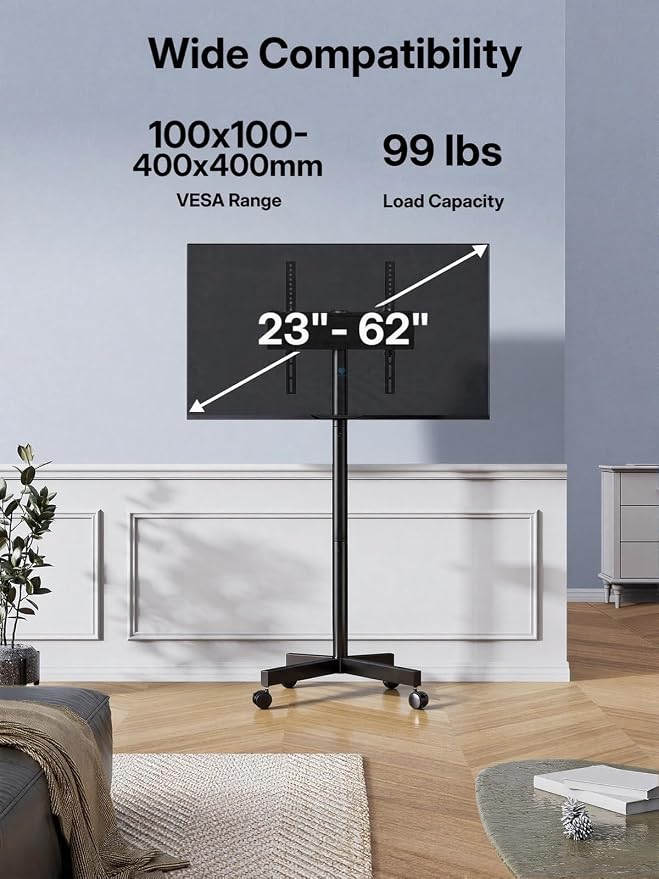 PERLESMITH Rolling TV Stand for 23–62 Inch TVs, Outdoor Mobile TV Cart Holds up to 99 lbs, Portable TV Stand on Wheels for Bedroom and Living Room, Max VESA 400x400mm, PSTVMC04B-B - Image 2