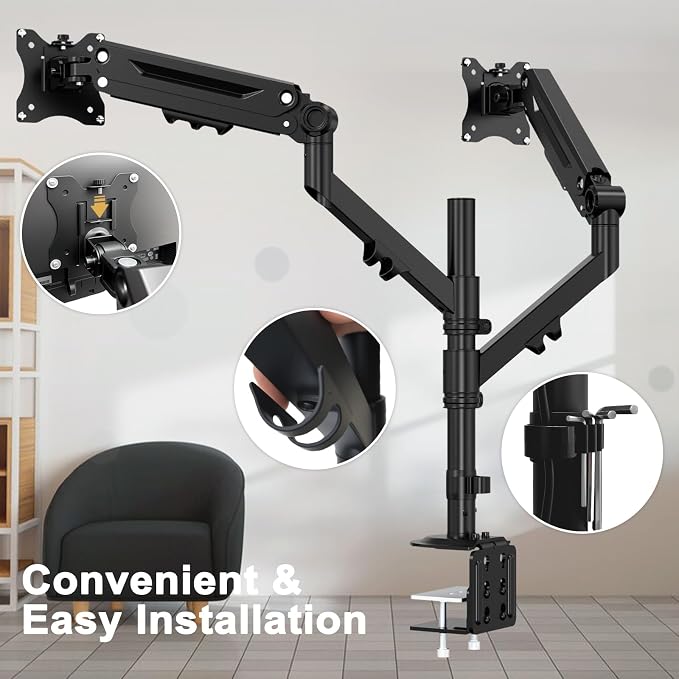 Dual Monitor Mount for 17-40'', Holds up to 26.4 lbs/arm | Vertical/Parallel Placement Monitor Desk Arms for 2 Monitors, with Clamp/Grommet Base, VESA Mount 75/100 mm - Image 4