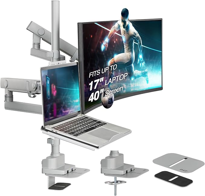 AVLT Laptop & 40 Inch Monitor Arm Pole Top Mount with USB-C&A Ports - Gray | VESA Compatible, Supports 26.4 lbs (12 kg), Ultrawide Screen Fit, Adjustable Height, Tilt Swivel Rotate, Cable Management by AVLT-USA