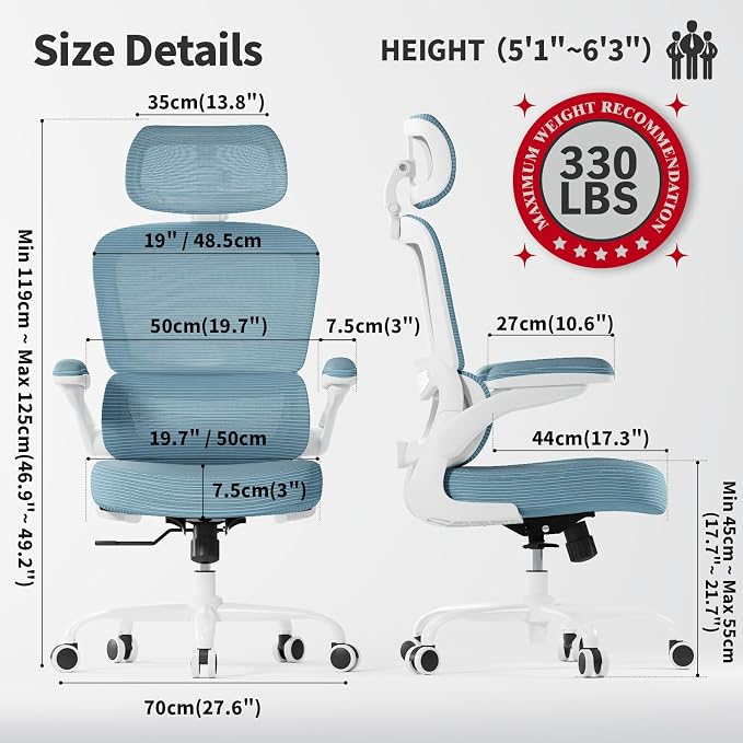 TRALT Ergonomic Office Chair Desk Chair with Adjustable Lumbar Support | Home Office Desk Chairs with Flip-up Armrests & 3D Headrest - Mesh Gaming Chairs for Adults, 330lbs, PU Leather (Blue, 1) - Image 2