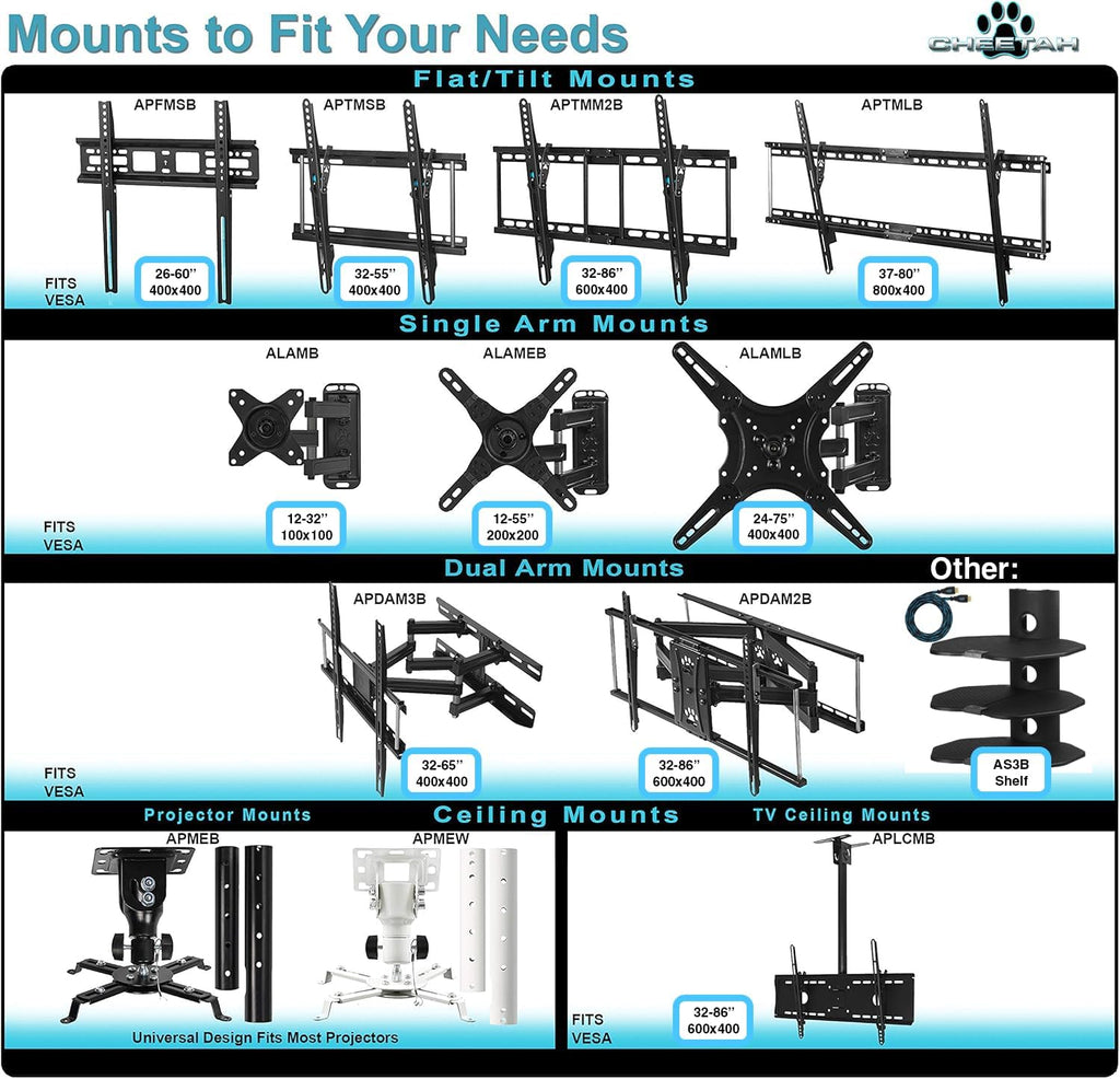 Cheetah Articulating Dual Arms TV Wall Mount for 32-65 Inch TVs, 115lbs VESA 400x400mm, 16" Studs, New TVs up to 83", Low Profile & Extends 14", Full Motion Tilt Swivel Bracket & 10 ft HDMI Cable - Image 9