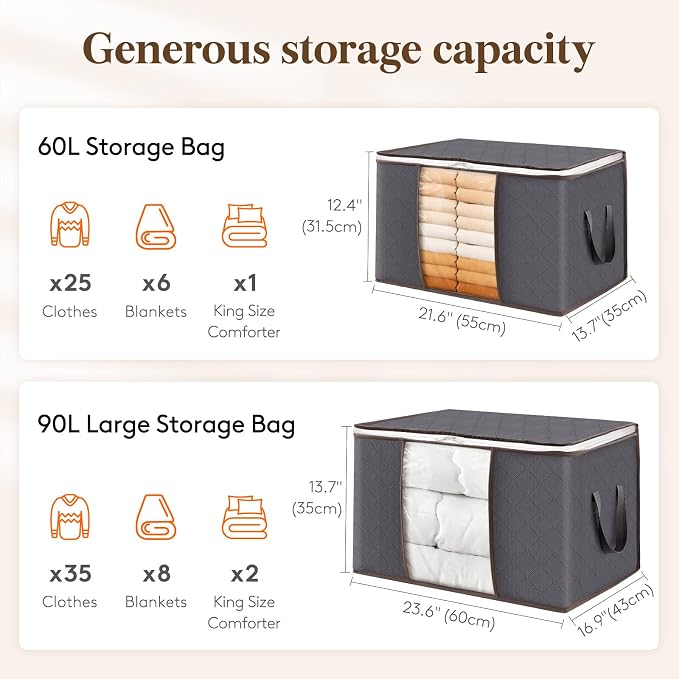 Lifewit 8 Pack 60L Clothes Storage Bins with Lids, Foldable Blanket Storage Bags with Zippers, Clear Window and Reinforced Handles, Closet and Organization for Clothing, Sweater, Comforter, Bedding - Image 2