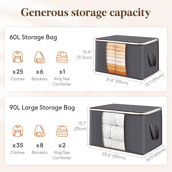 Lifewit 2 Pack 60L Clothes Storage Bins with Lids, Foldable Blanket Storage Bags with Zippers, Clear Window and Reinforced Handles, Closet and Organization for Clothing, Sweater, Comforter, Bedding - Image 2