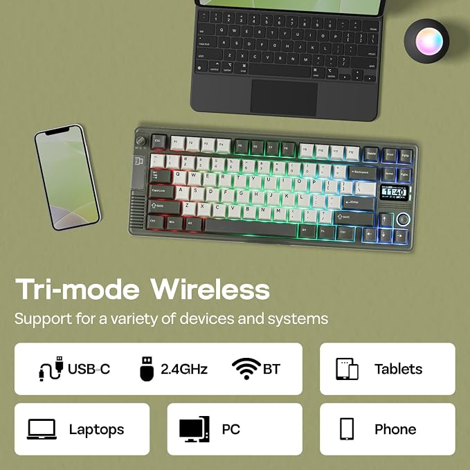 EPOMAKER RT85 Wireless Mechanical Keyboard with Joystick & DIY Screen | 8000mAh, BT/USB/2.4Ghz, Gasket, 5-Layer Paddings, Hot-Swap, PBT Keycap, 75% Gaming Keyboard (Army Green, Creamy Jade) - Image 5