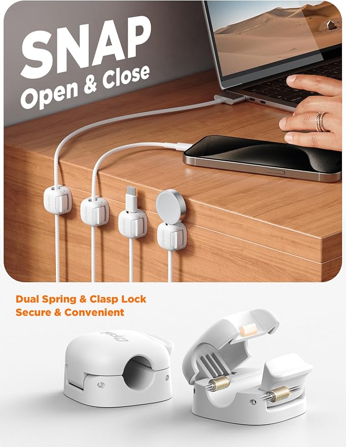 12Pack Cord Organizer, Chfeila Compact Dual Spring & Clasp Lock Cable Management Clips, Adhesive Phone Charger Keeper, Wire Holder for Nightstand/Car, Home Office Desk Accessories Decor Essentials - Image 2