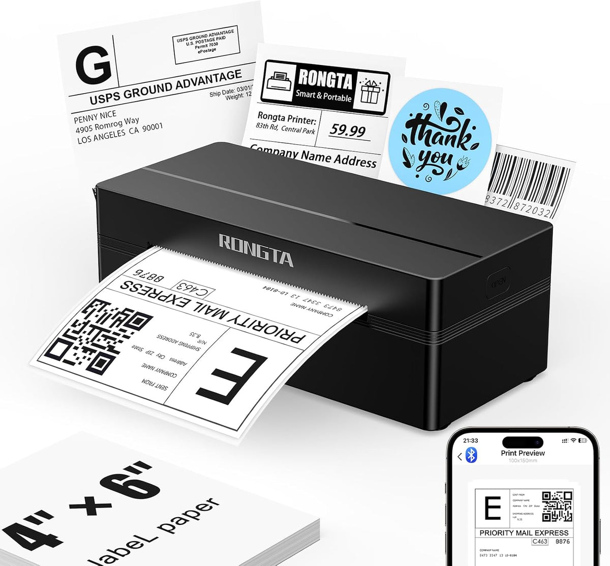 Rongta Shipping Thermal Label Printer, Bluetooth 4x6 Sticker Label Maker Wireless Shipping Label Printer for Package Small Business Compatible with Windows macOS Android iOS (Black) by Rongta