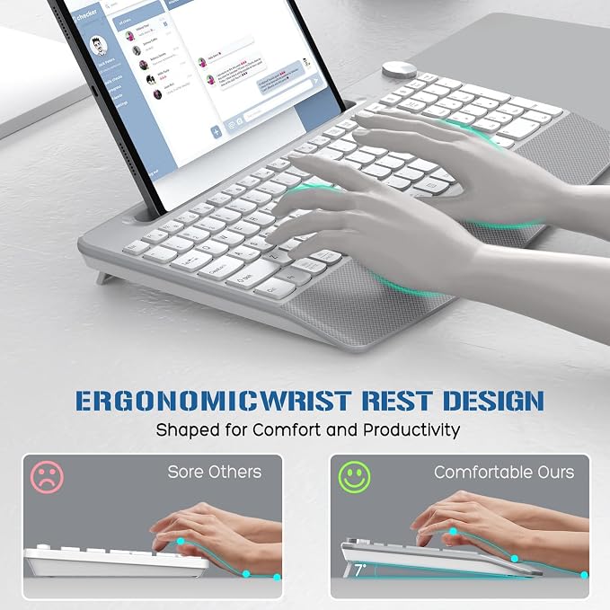 JOYACCESS Ergonomic Wireless Keyboard, 2.4GHz Cordless USB Full-Size Keyboard with Wrist Rest, Quiet Design & Numeric Keypad, Phone Holder for Desktop, Laptop, PC, Mac, Windows -Silver White - Image 2