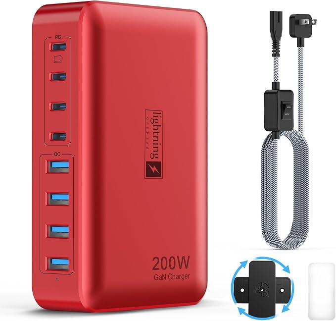 8-Port USB Charger Block 200W with Flat Plug, Braided Power Cord, and On/Off Switch- USB Charging Hub for iPhone, iPad, MacBook and More- 65W C Port Power Adapter for Laptops by lightningofertas