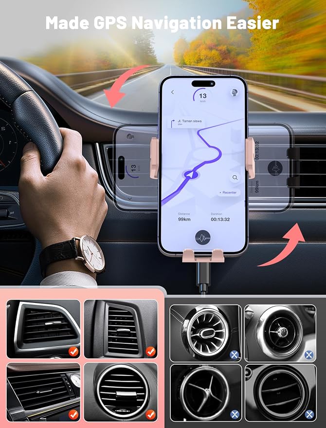 Wireless Car Charger Auto-Clamping Air Vent Car Mount 15W Fast Charging | Car Phone Holder Compatible for iPhone 17/16/15/14/13/13 Pro/12 Pro Max/12 pro/12/11/10, Samsung Galaxy Series Pink - Image 3