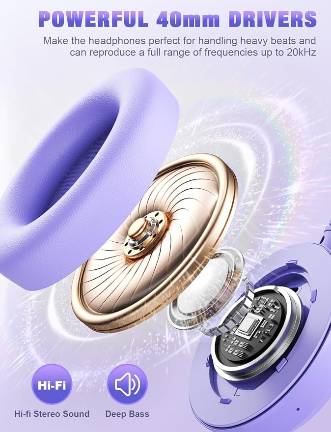 RUNOLIM Hybrid Active Noise Cancelling Headphones, Wireless Over Ear Bluetooth Headphones with Microphone, 100H Playtime, Foldable Headphone with HiFi Audio, Deep Bass for Home Travel Office（Purple） - Image 8