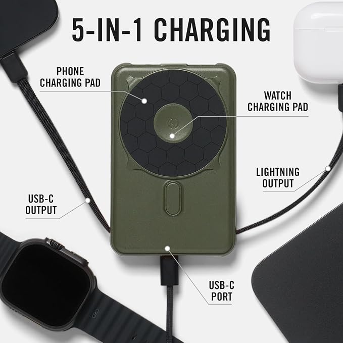 Ridge 20W Magnetic Power Bank Battery Pack 10,000mAh - Fast Charging, Compatible with MagSafe - Portable Charger Flight-Safe Travel Powerbank - Built-in Cables & Magnetic Attachment (Matte Olive) - Image 3