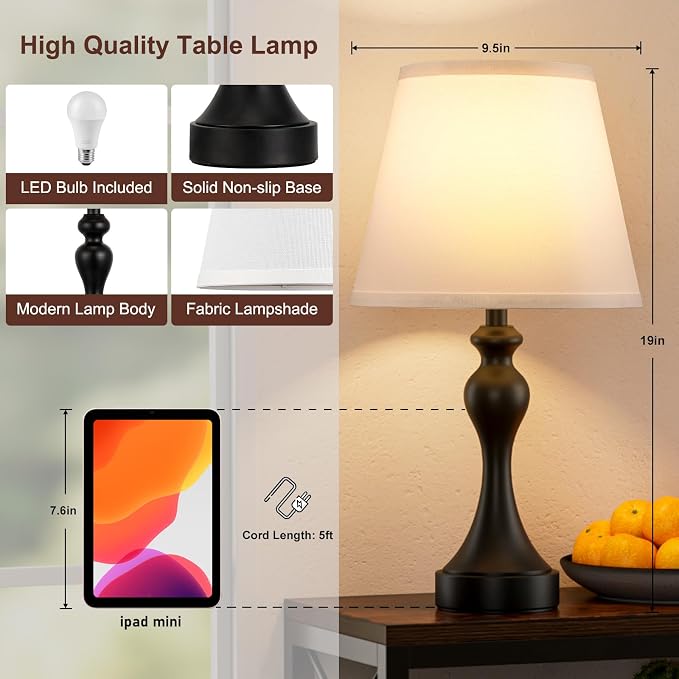 Touch Lamps for Nightstand, 3 Way Dimmable Bedside Lamps with USB C+A Ports | Touch Control, LED Bulb Included, Small Black Table Lamp for Bedroom, Night Stands, End Table, Gift，Corded，White Shade - Image 7