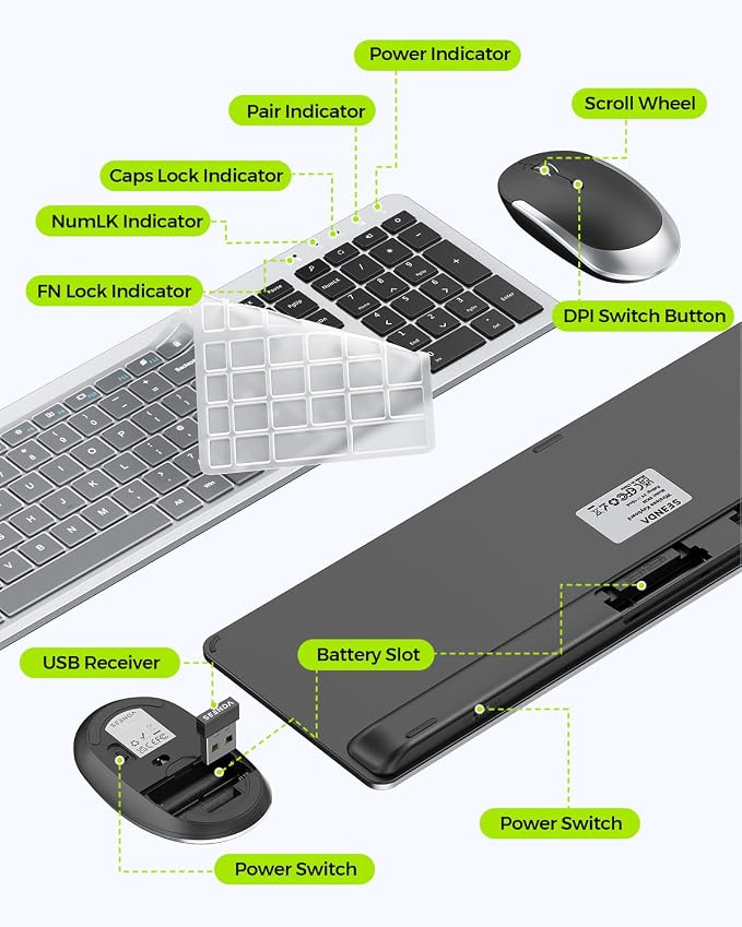 seenda Wireless Keyboard and Mouse Combo, Slim Full-Size Design | Quiet typing and mouse clicks, 2.4G USB receiver, Adjustable DPI mouse, Compatible for Windows PCs/laptops, Black and Silver - Image 6