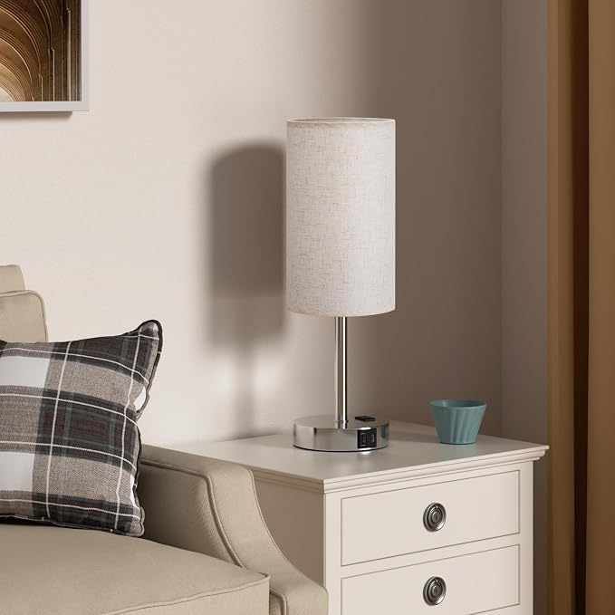 White Touch Table Lamp for Bedroom - Bedside Desk Lamp for Dorm Study | 17" Night Stand Lamp, USB A+C Ports, 3-Way Dimmable, LED Bulb Included, White Linen-Texture Shade, Sleek Silver Metal Baset - Image 5